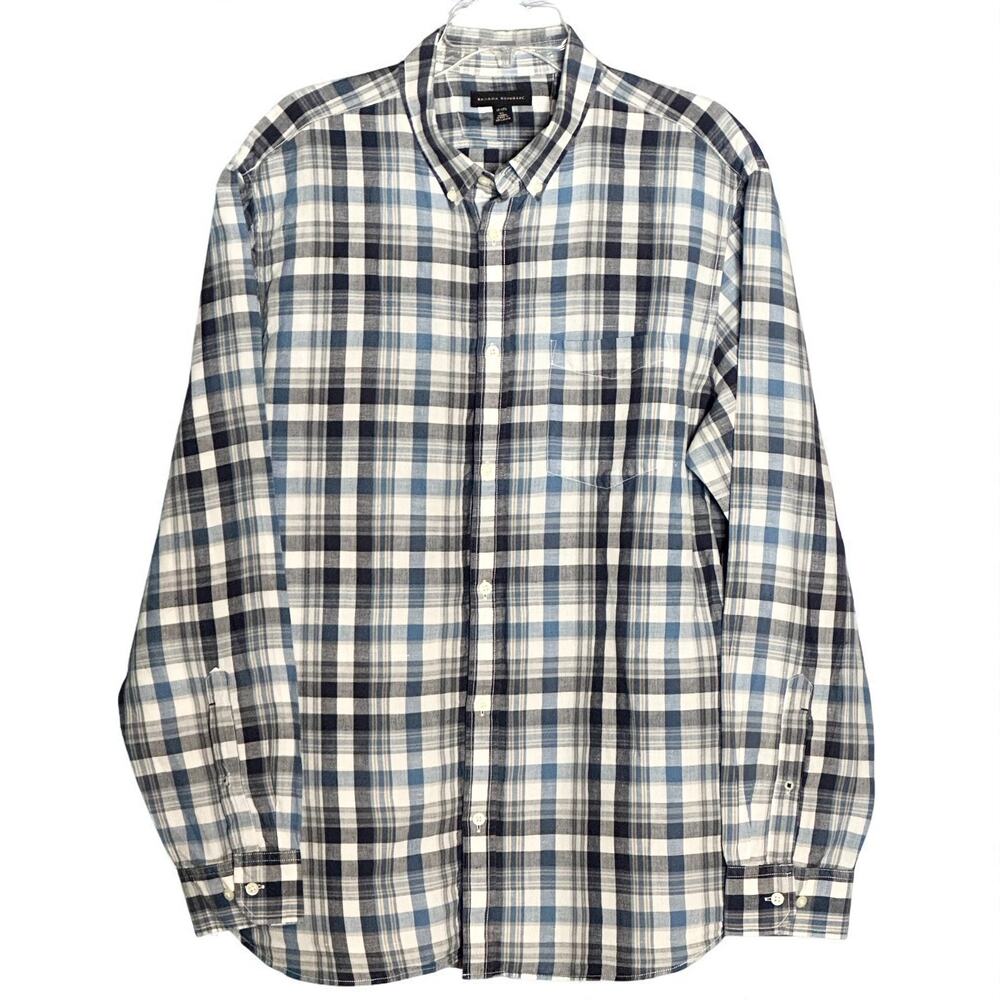 Banana Republic Classic Button Down Shirt XL Blue Plaid Linen Cotton Long Sleeve